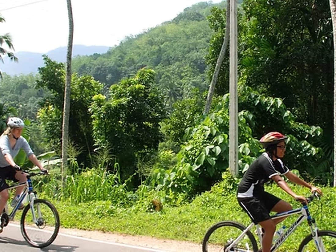 Cyclist on a custom Xclusive Adventures mountain-biking route through Sri Lankan jungle and rural villages